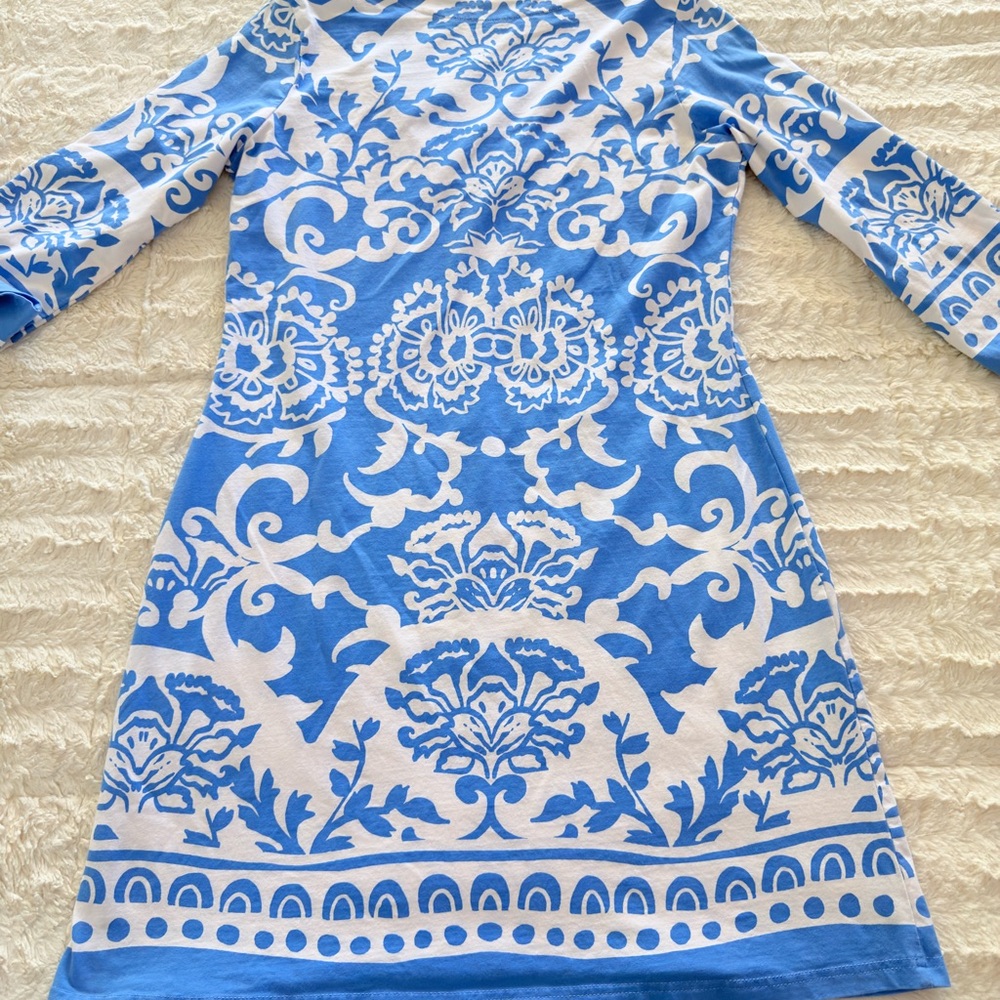 Blue & White Damask Shift Dress | Resort Coastal Style - Picture 4 of 5